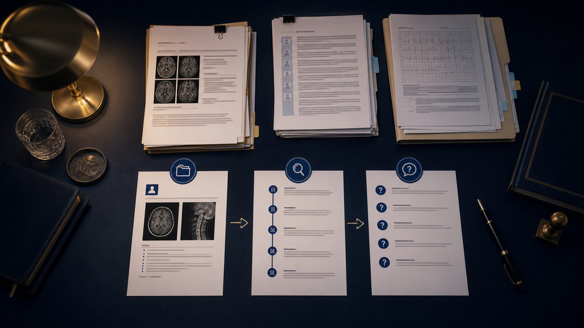 Documentos médicos organizados em fluxo de análise para formulação de quesitos