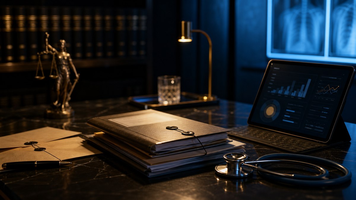 Mesa de estratégia médico-pericial com documentos, tablet técnico e estetoscópio