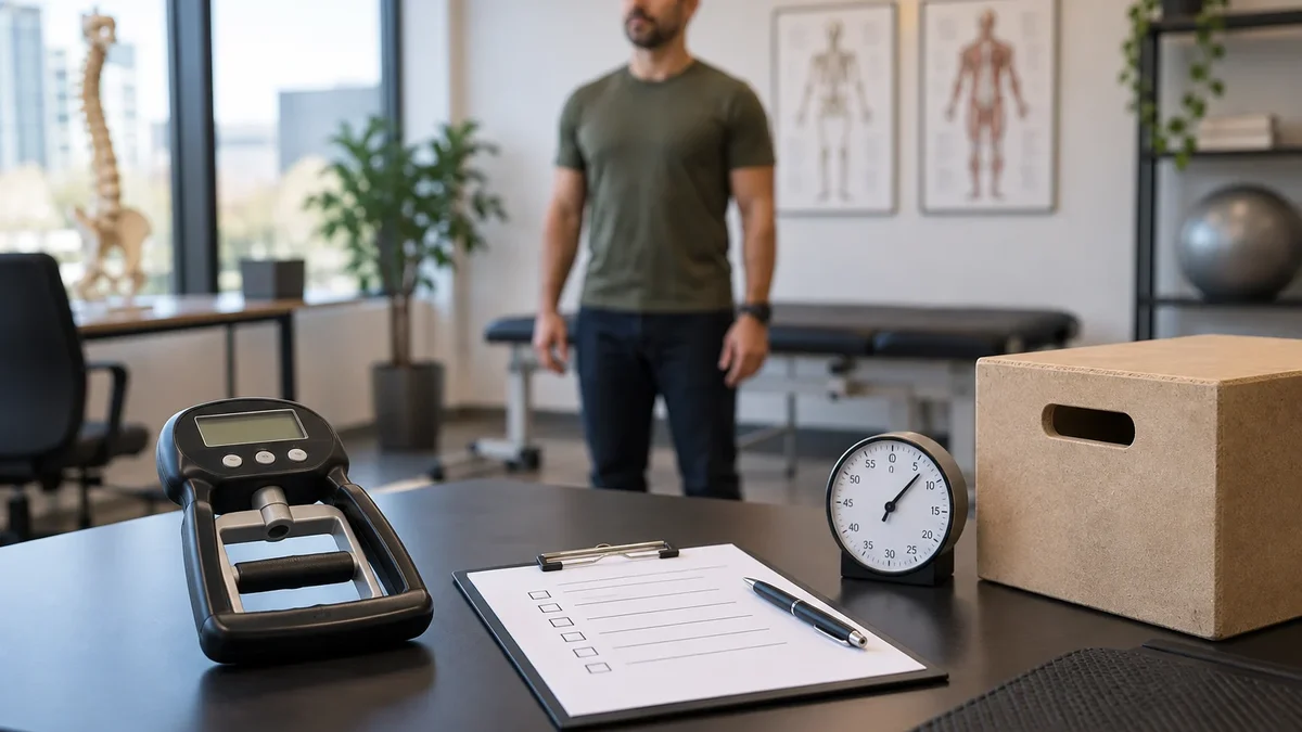 Instrumentos de avaliação funcional em primeiro plano e pessoa adulta fictícia ao fundo em ambiente profissional.