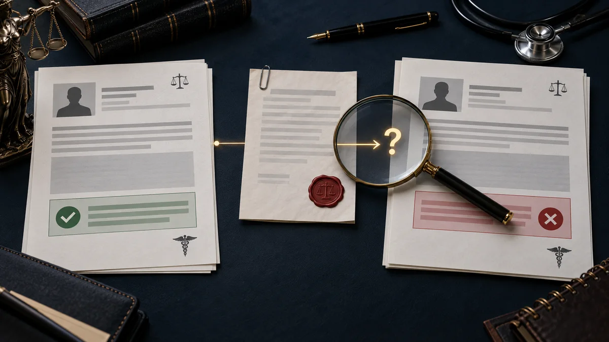 Dois relatórios fictícios e um documento intermediário representando mudança de conclusão sem explicação.