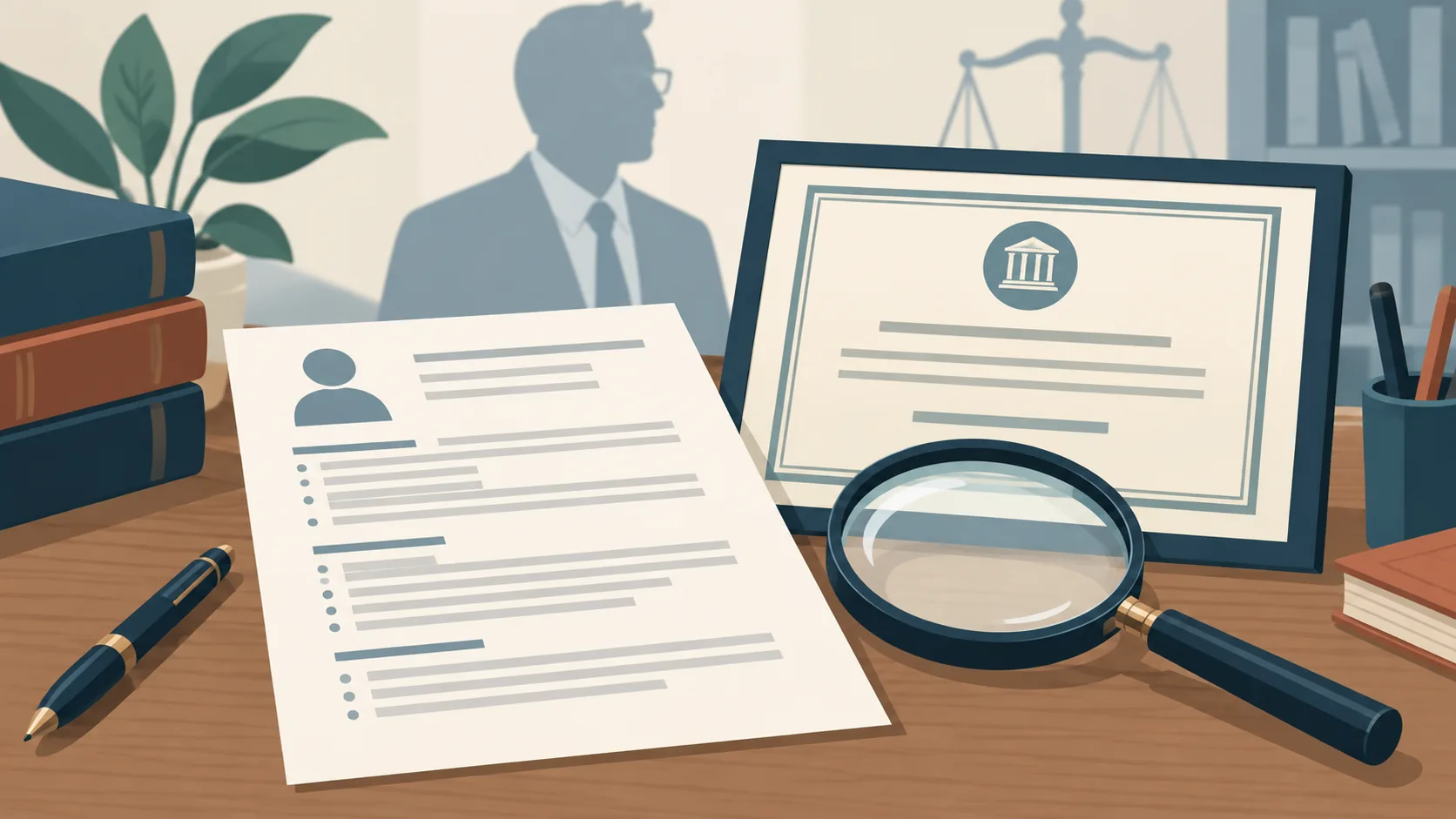 Ilustração conceitual de currículo, certificado e lupa sobre uma mesa, com livros e uma pessoa fictícia ao fundo. Imagem gerada por IA.