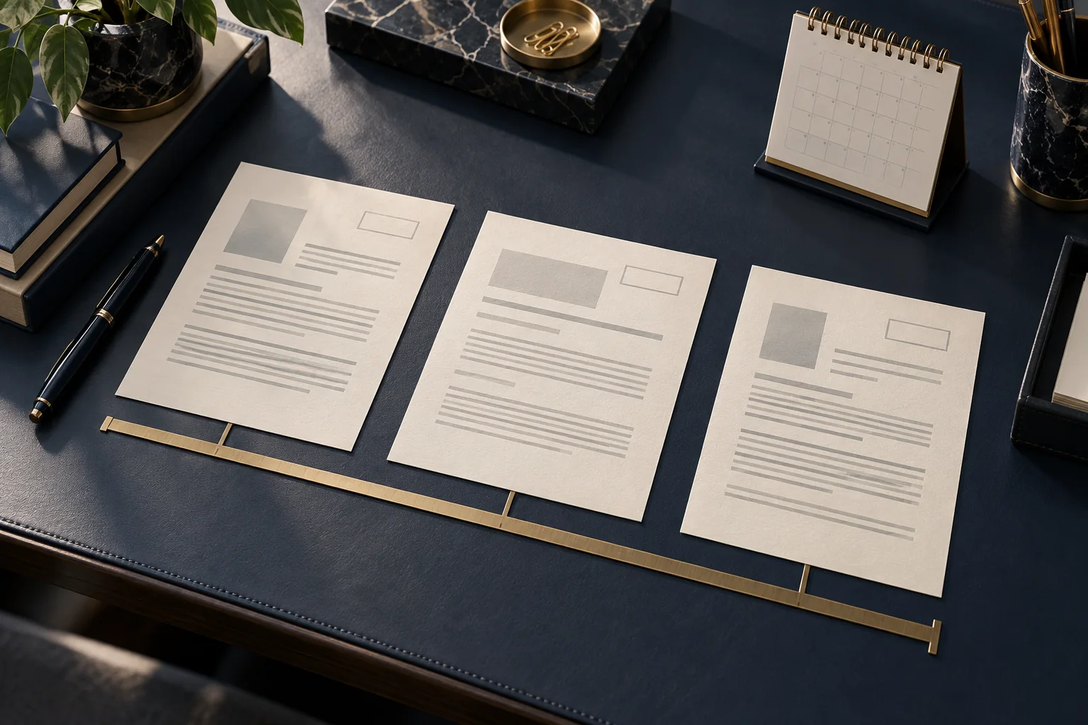 Três documentos fictícios dispostos em sequência ao lado de um calendário sobre uma mesa.
