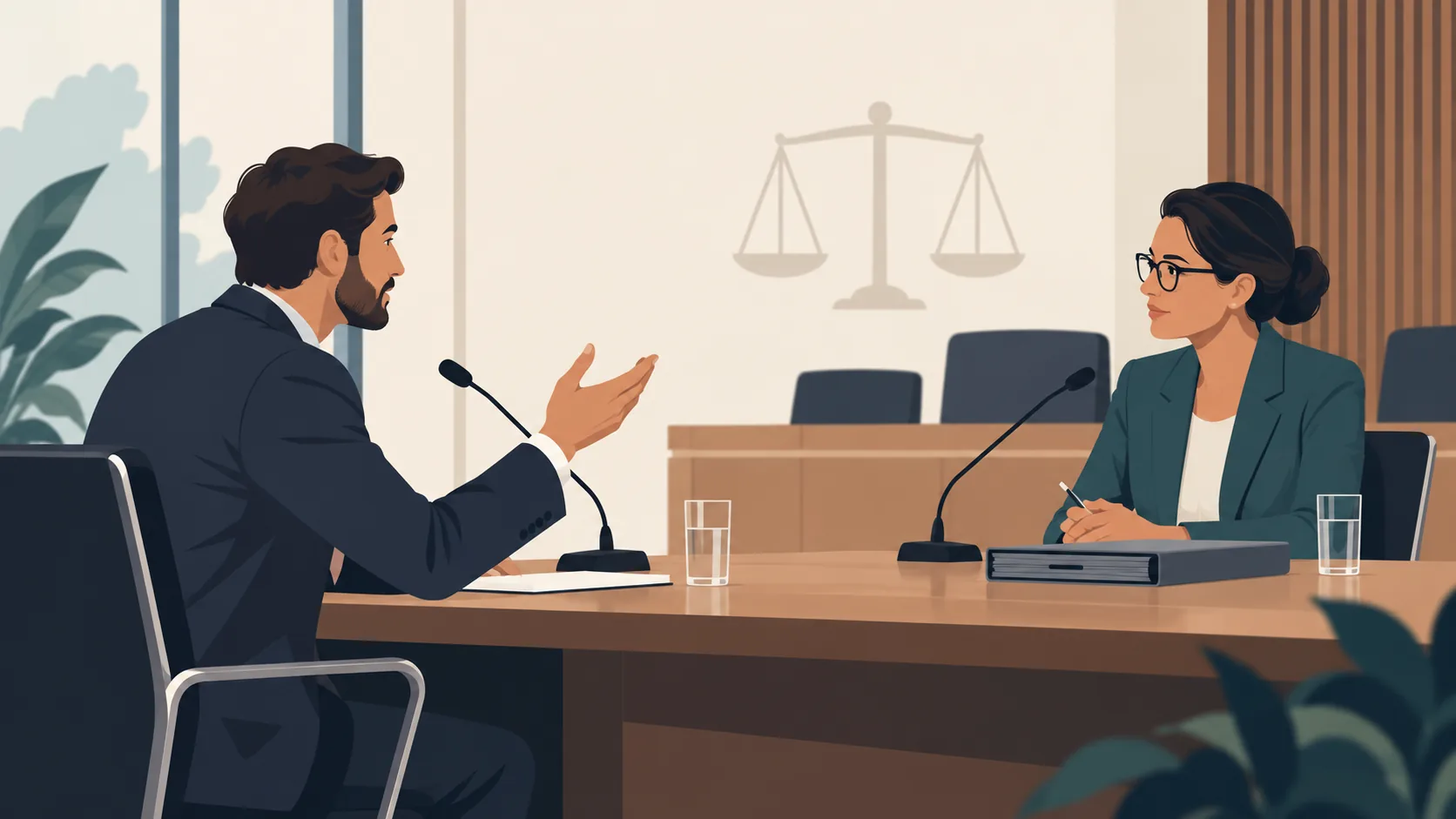 Ilustração conceitual de duas pessoas fictícias conversando em audiência, com microfones e balança da justiça. Imagem gerada por IA.