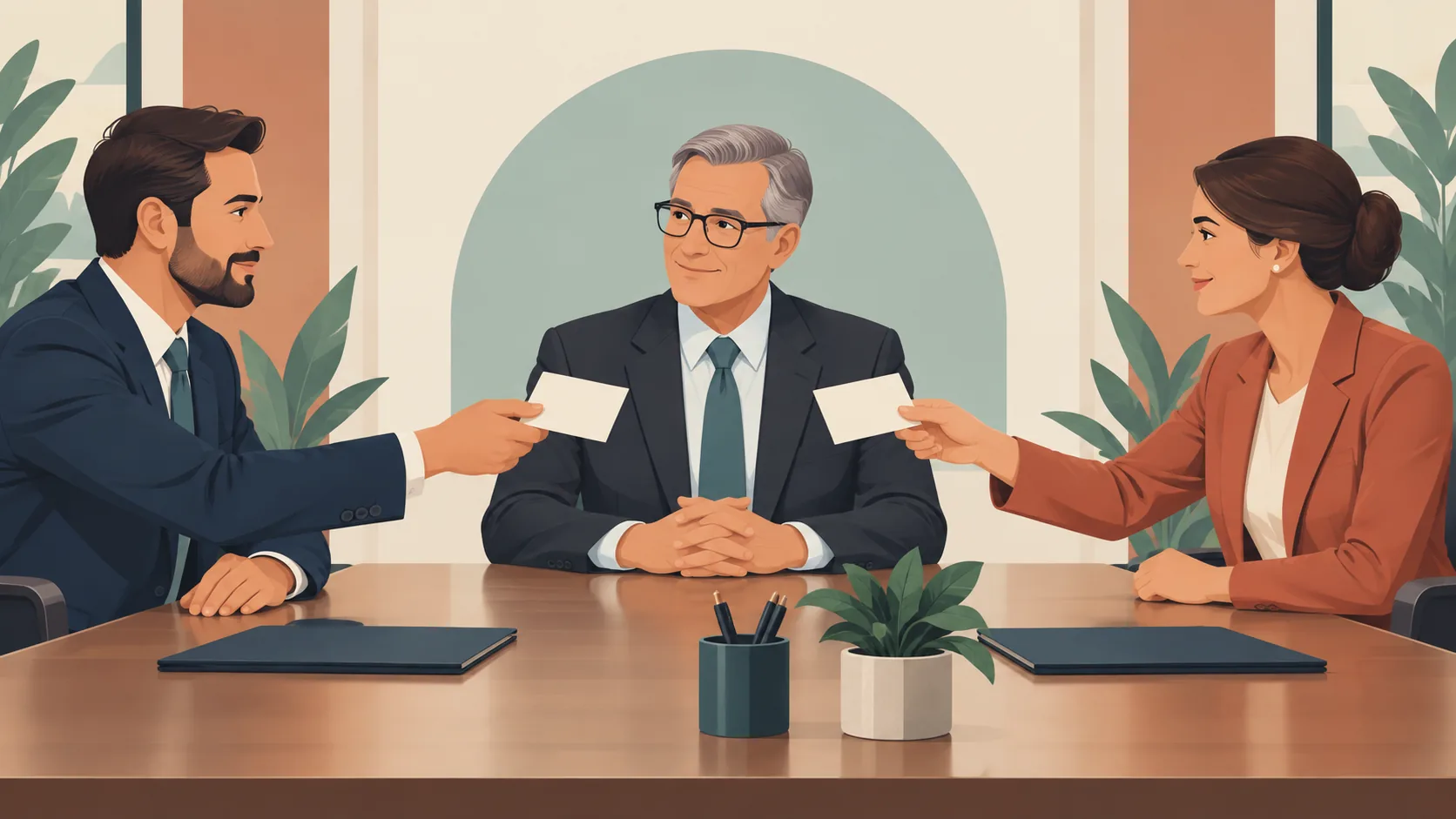 Ilustração conceitual de dois representantes fictícios apresentando juntos sua escolha a um perito fictício, sem dados identificáveis. Imagem gerada por IA.