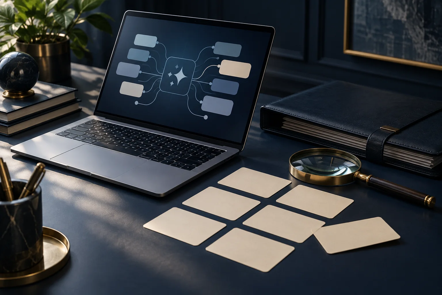 Notebook com diagrama abstrato de inteligência artificial, cartões de perguntas sem texto e lupa sobre mesa azul-marinho.