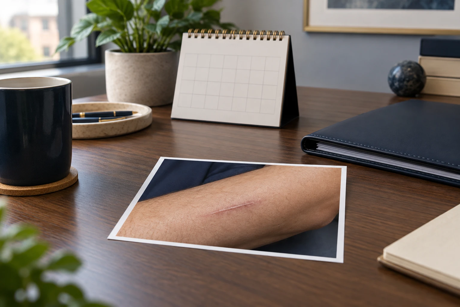 Cena fictícia com fotografia de cicatriz em um braço, calendário sem datas e pasta sobre uma mesa.