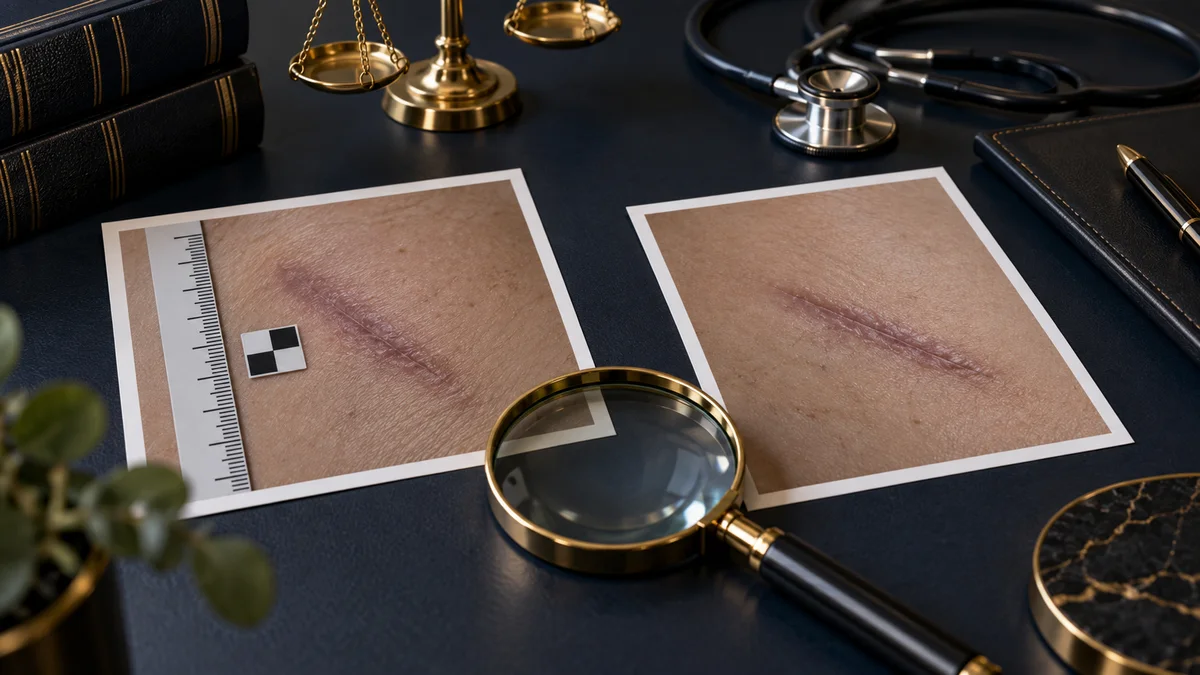 Fotografias clínicas conceituais de cicatriz, uma delas acompanhada de escala e marcador de calibração.