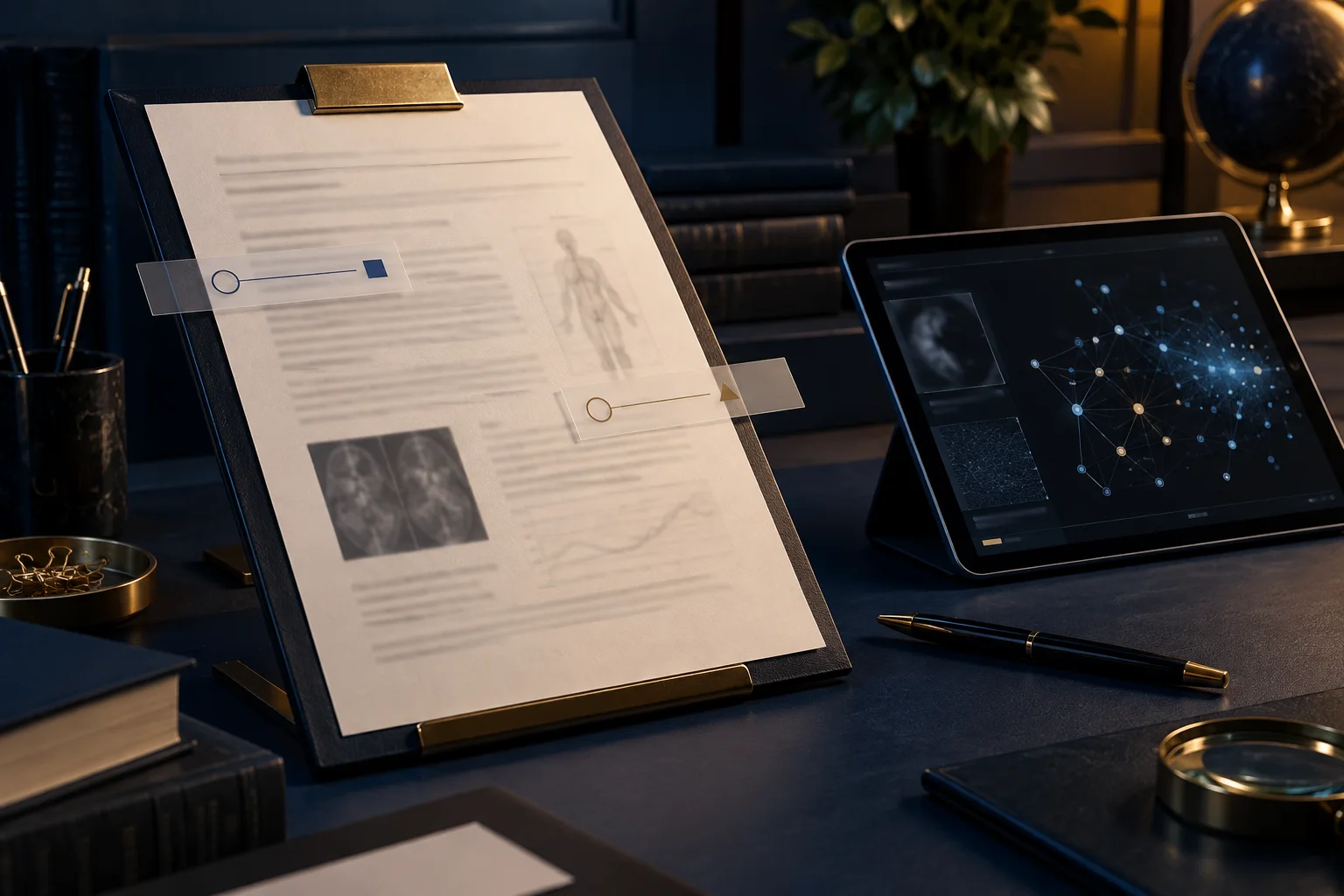 Laudo fictício sem texto legível em suporte de leitura, com marcadores transparentes, ao lado de tablet com mapa abstrato de análise.
