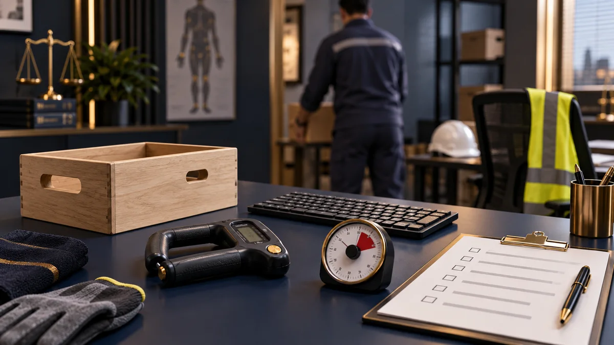 Instrumentos de avaliação funcional e objetos que representam tarefas concretas de trabalho.