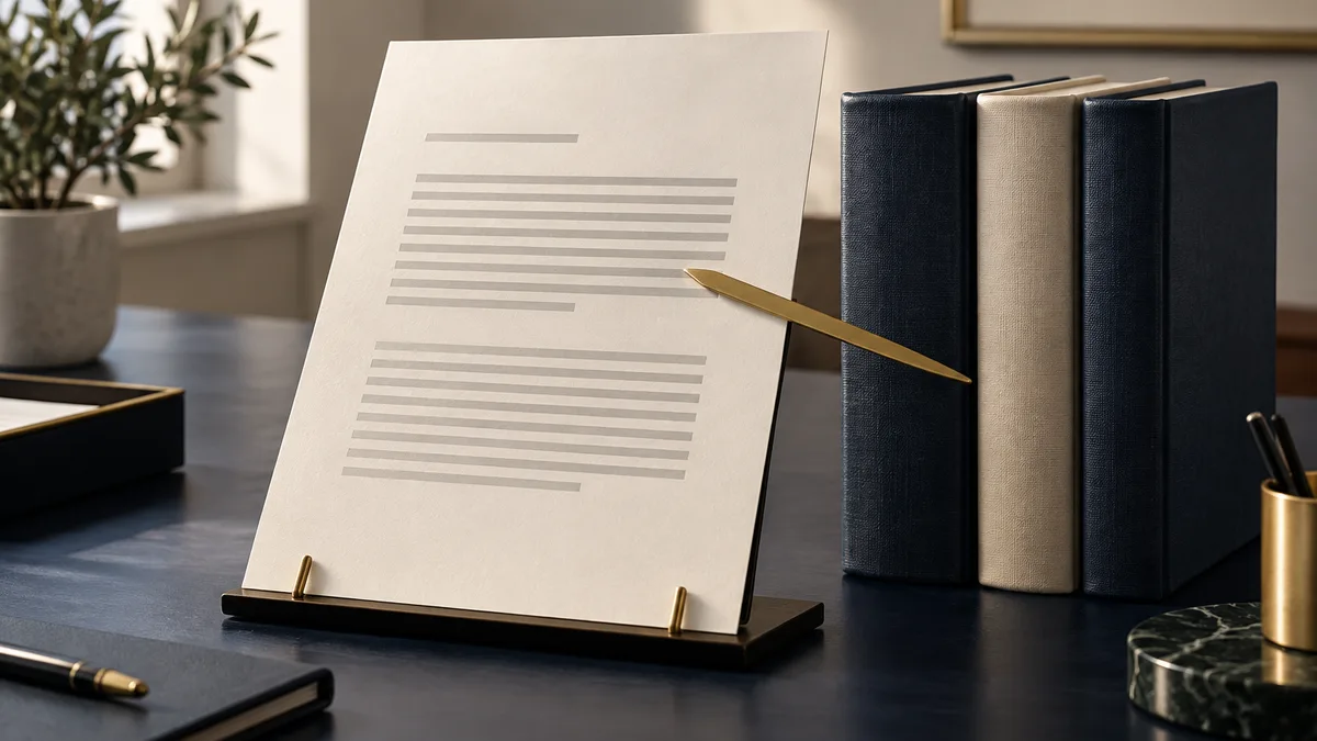 Relatório fictício sem texto legível em suporte, ao lado de livros sem identificação e marcador dourado.