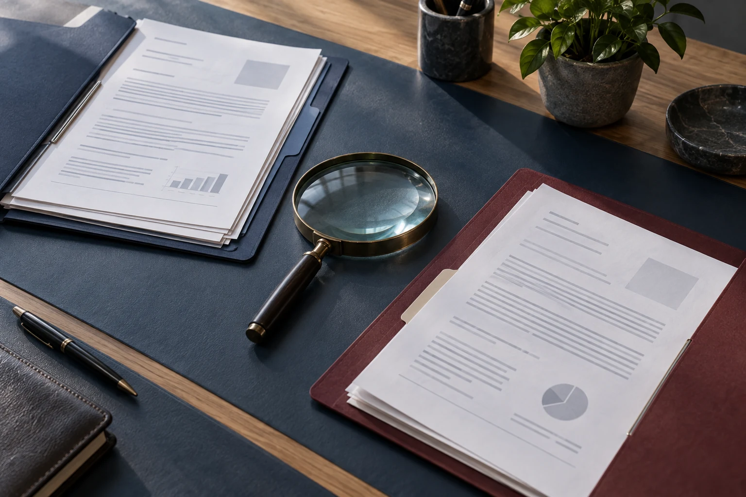 Dois conjuntos fictícios de documentos em pastas separadas, com lupa entre eles para representar a comparação de contextos.