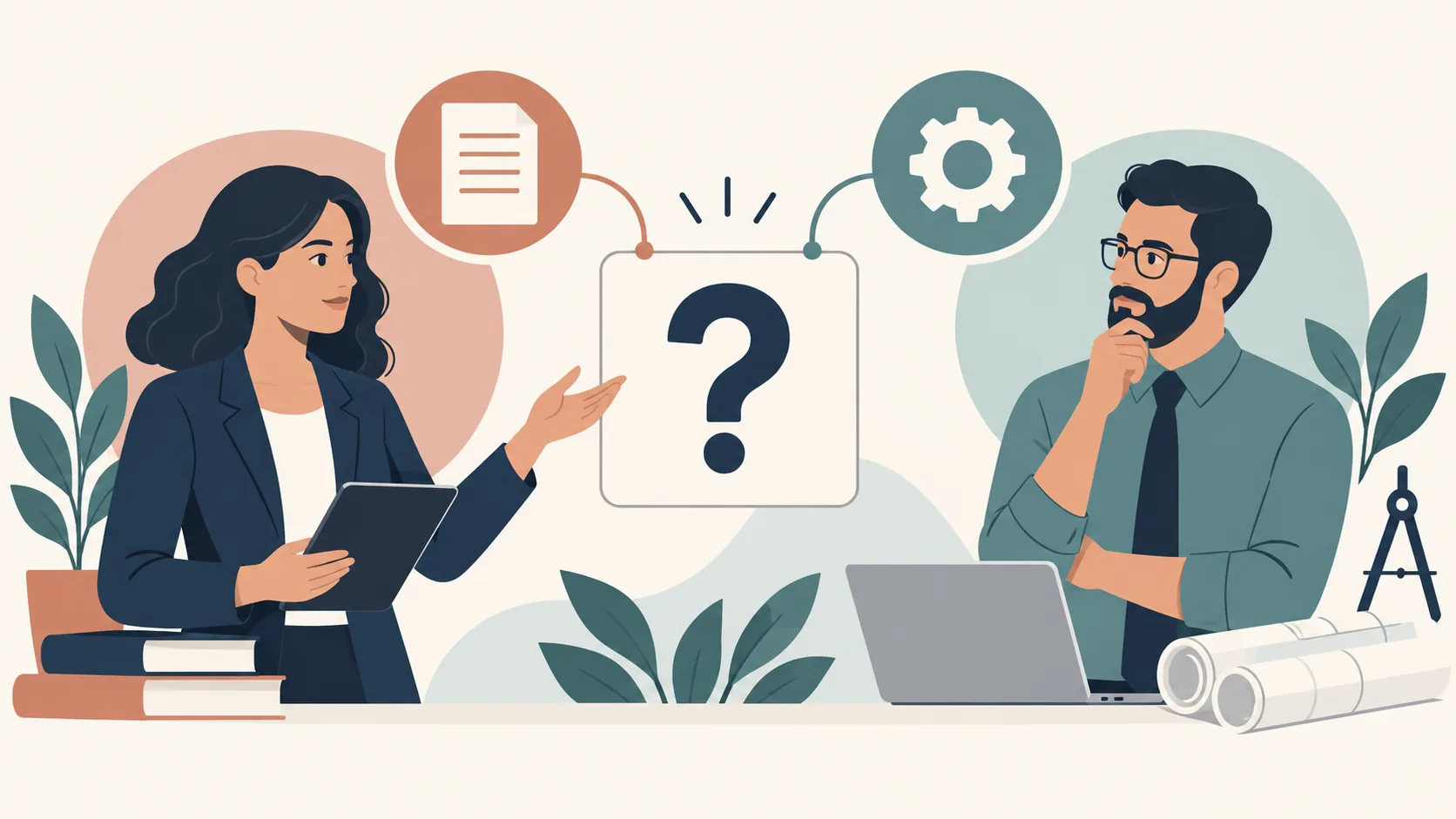 Ilustração conceitual de duas pessoas fictícias em diálogo, com documentos, computador, plantas técnicas e uma interrogação central. Imagem gerada por IA.