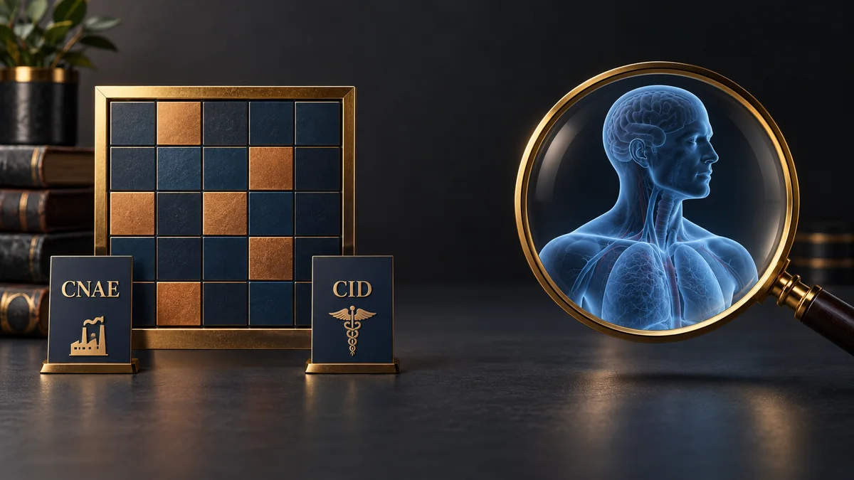 Matriz de peças com cartões CNAE e CID, separada de uma lupa sobre um busto humano translúcido.
