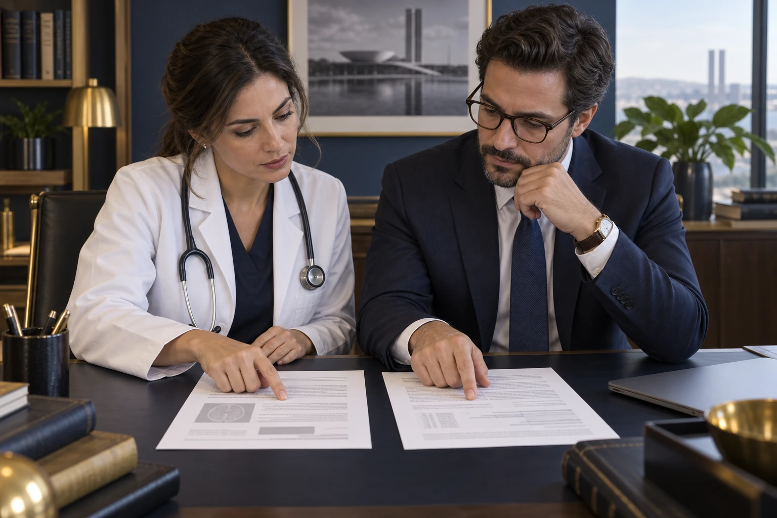 Dois profissionais fictícios comparam documentos em uma mesa de trabalho.