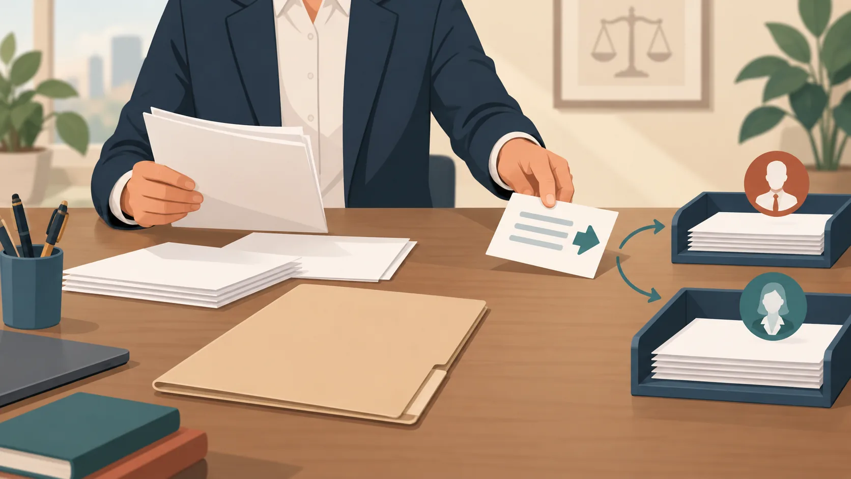 Ilustração conceitual de uma pessoa fictícia solicitando documentos necessários à perícia, com duas bandejas de documentos sem identificação. Imagem gerada por IA.