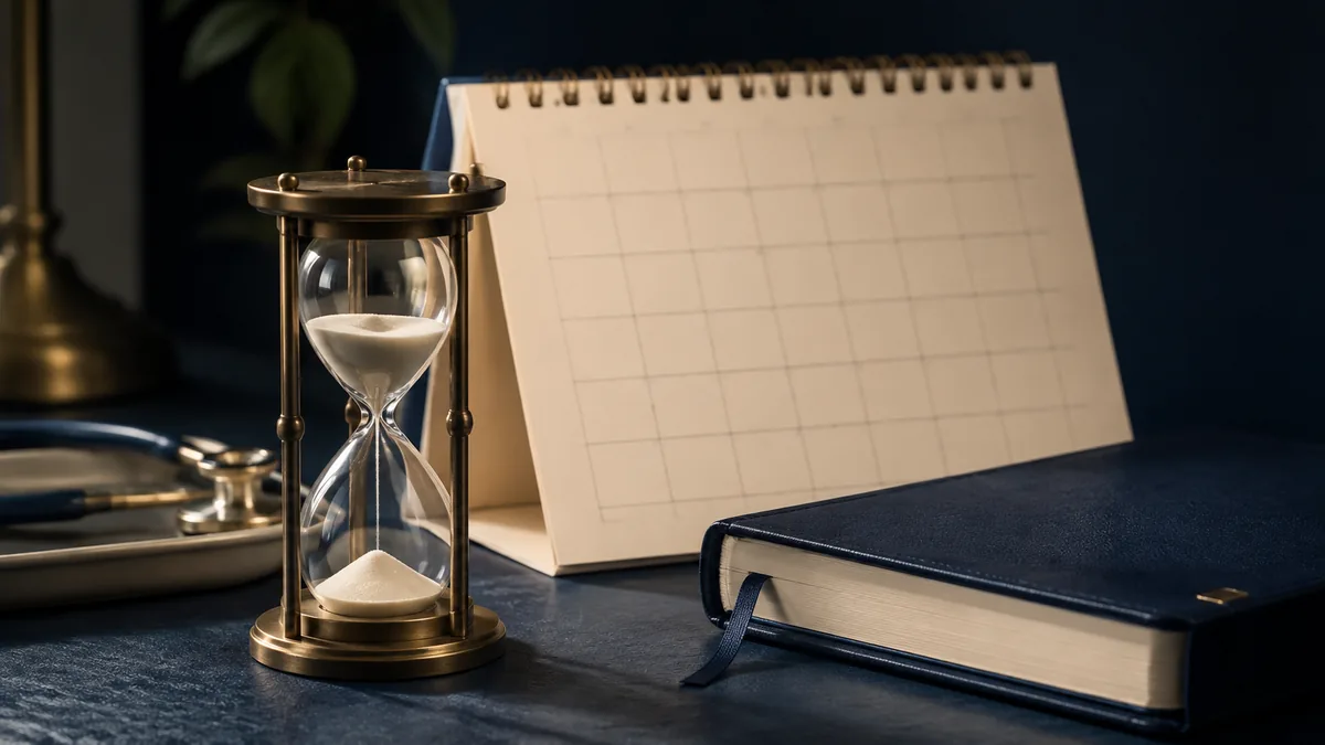 Ampulheta, calendário de mesa e agenda para representar o controle de prazos.
