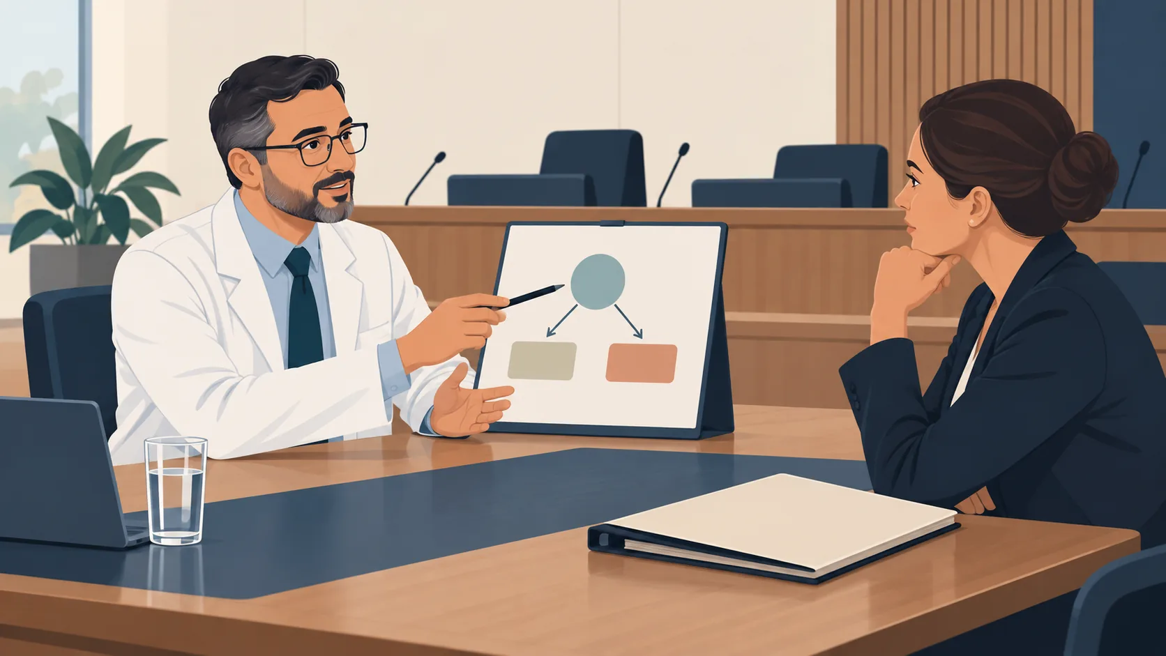 Ilustração conceitual de um especialista fictício explicando um diagrama a uma juíza fictícia em ambiente de audiência, sem dados identificáveis. Imagem gerada por IA.