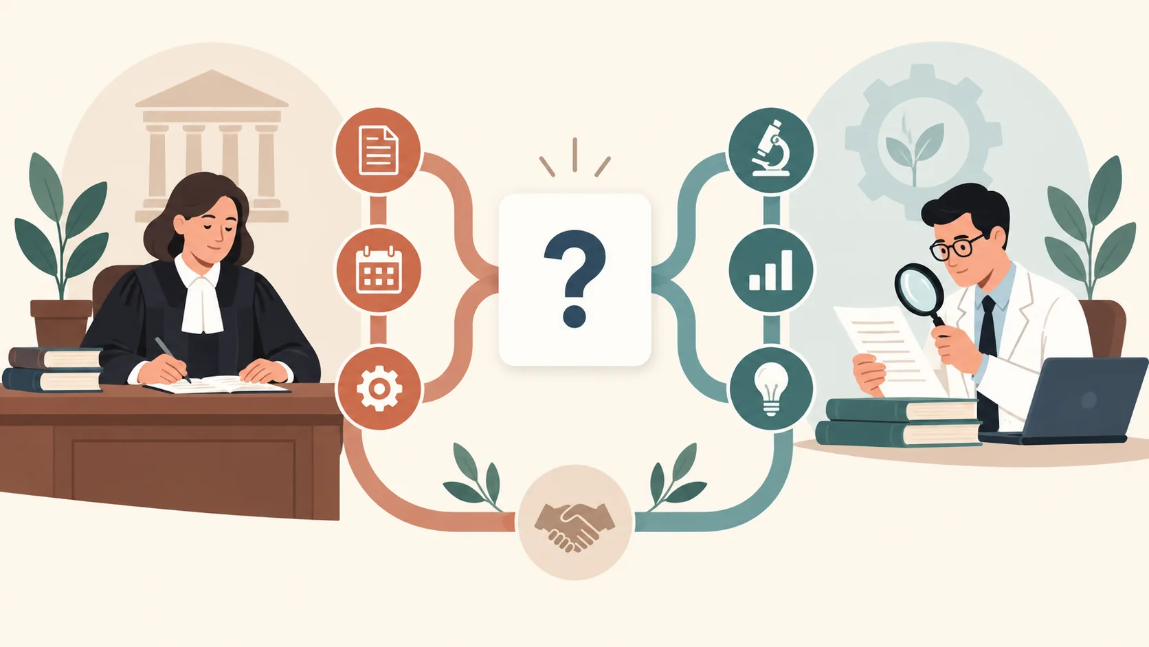 Ilustração conceitual de uma juíza e um perito fictícios em torno de uma pergunta, distinguindo a decisão judicial e a análise técnica. Imagem gerada por IA.