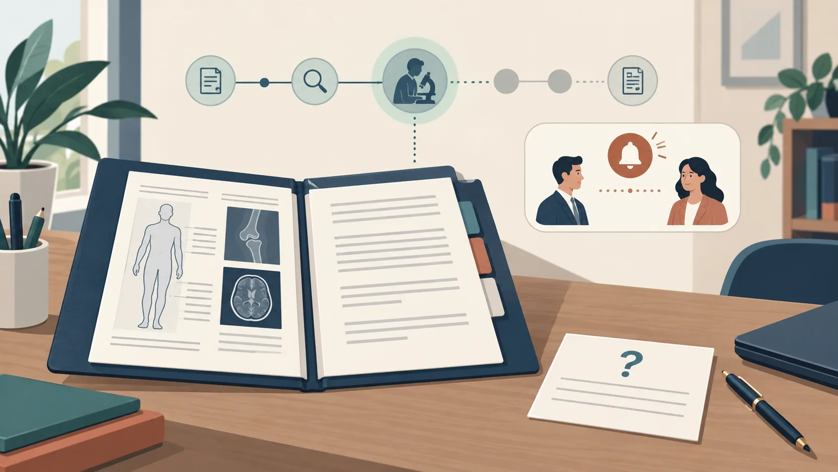 Pasta pericial fictícia com pergunta suplementar e diagrama de ciência das partes durante a diligência. Ilustração gerada por IA.