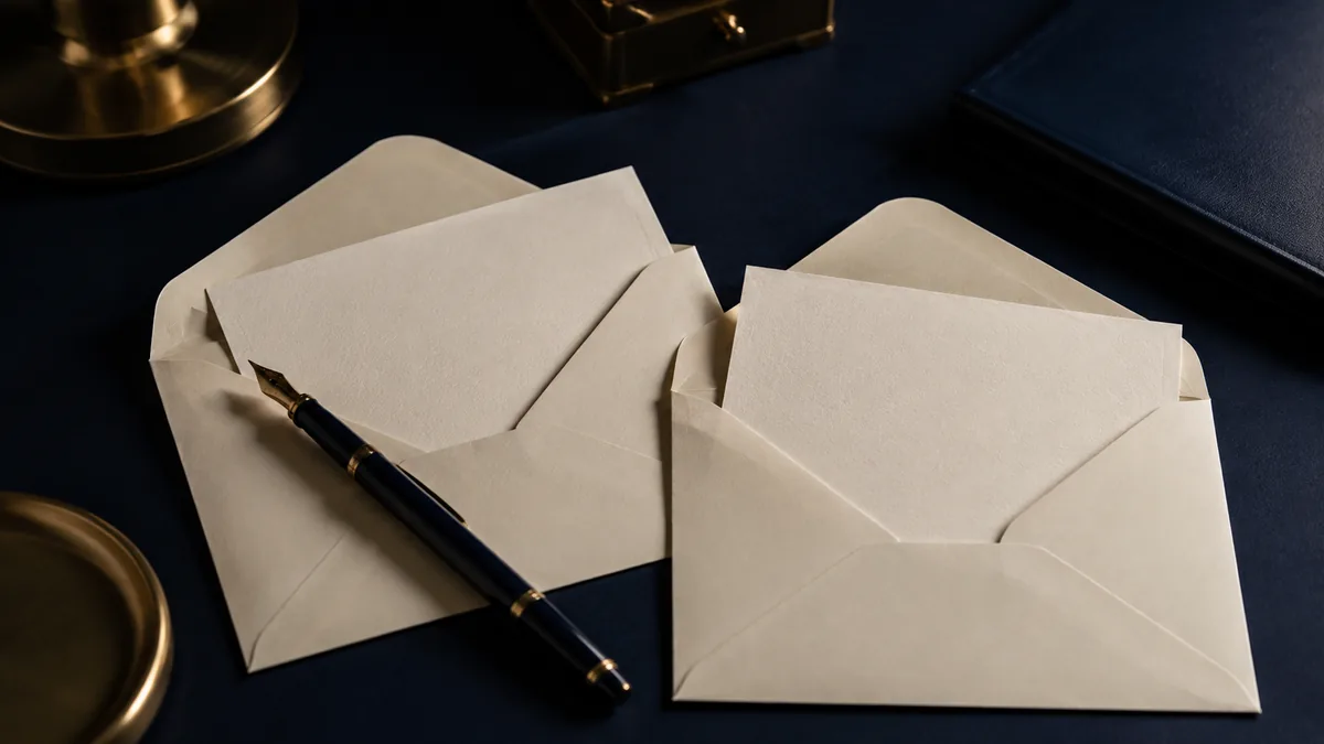 Dois envelopes com correspondências e uma caneta sobre mesa azul.