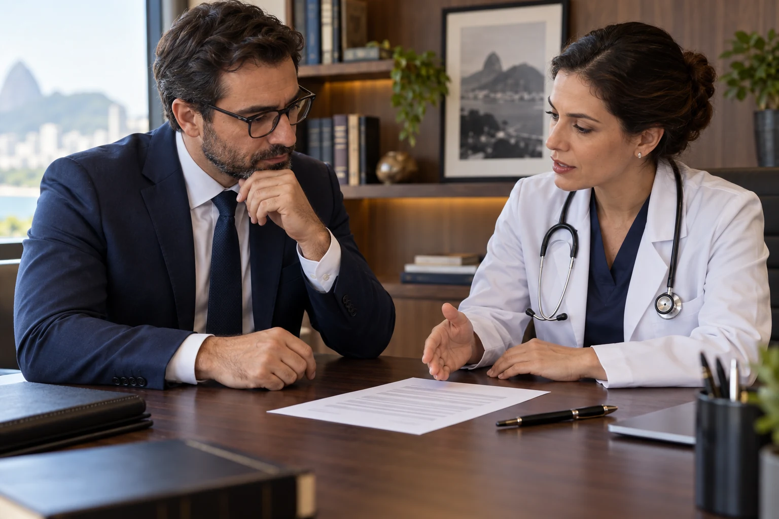 Profissionais fictícios conversando sobre documento sem dados identificáveis.